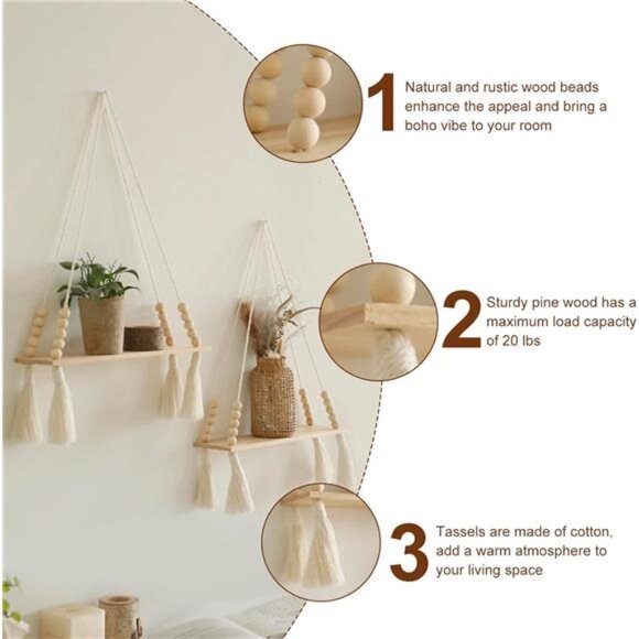 2 Pack Wooden Wall Hanging Shelves - Macrame Hanging Plant Shelf with Tassel - Picture 4 of 7